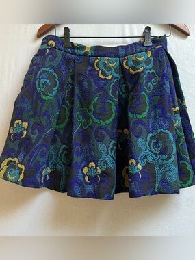 Anna Sui Floral Brocade Mini Skirt Sz 6 Metallic A-Line Skater USA